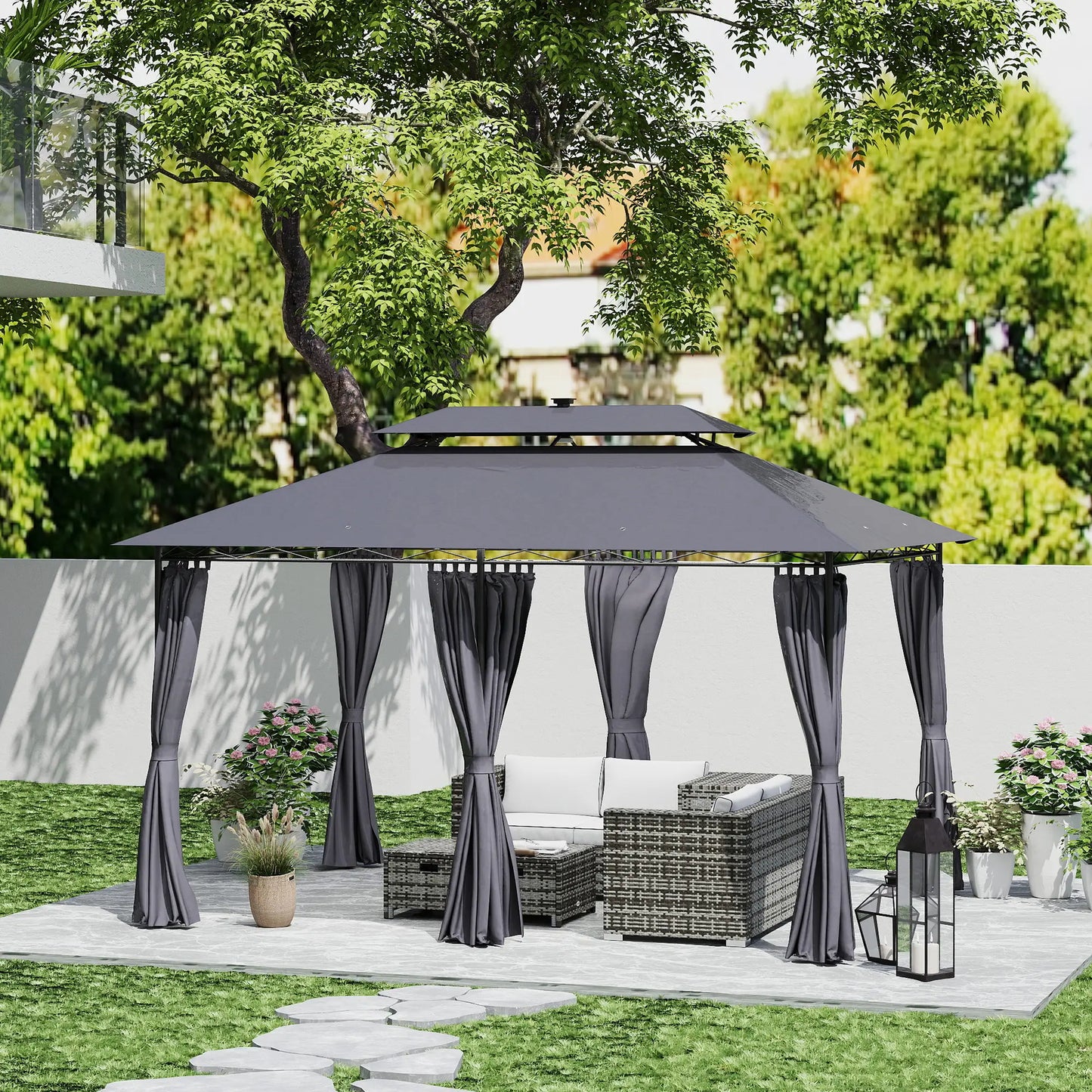 10' x 13' Outdoor Gazebo with Curtains and Solar-Powered LED Lights, Double Roof Patio Gazebo Canopy Shelter