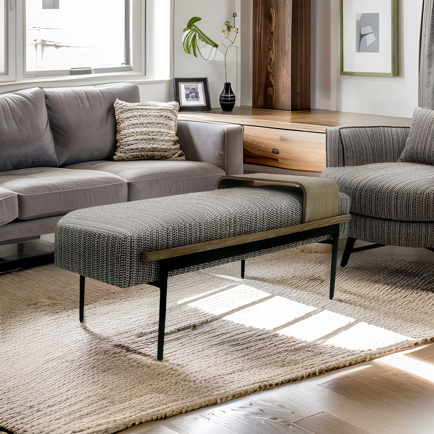 Classic Multi-Toned Cocktail Ottoman Bench with Slide Tray