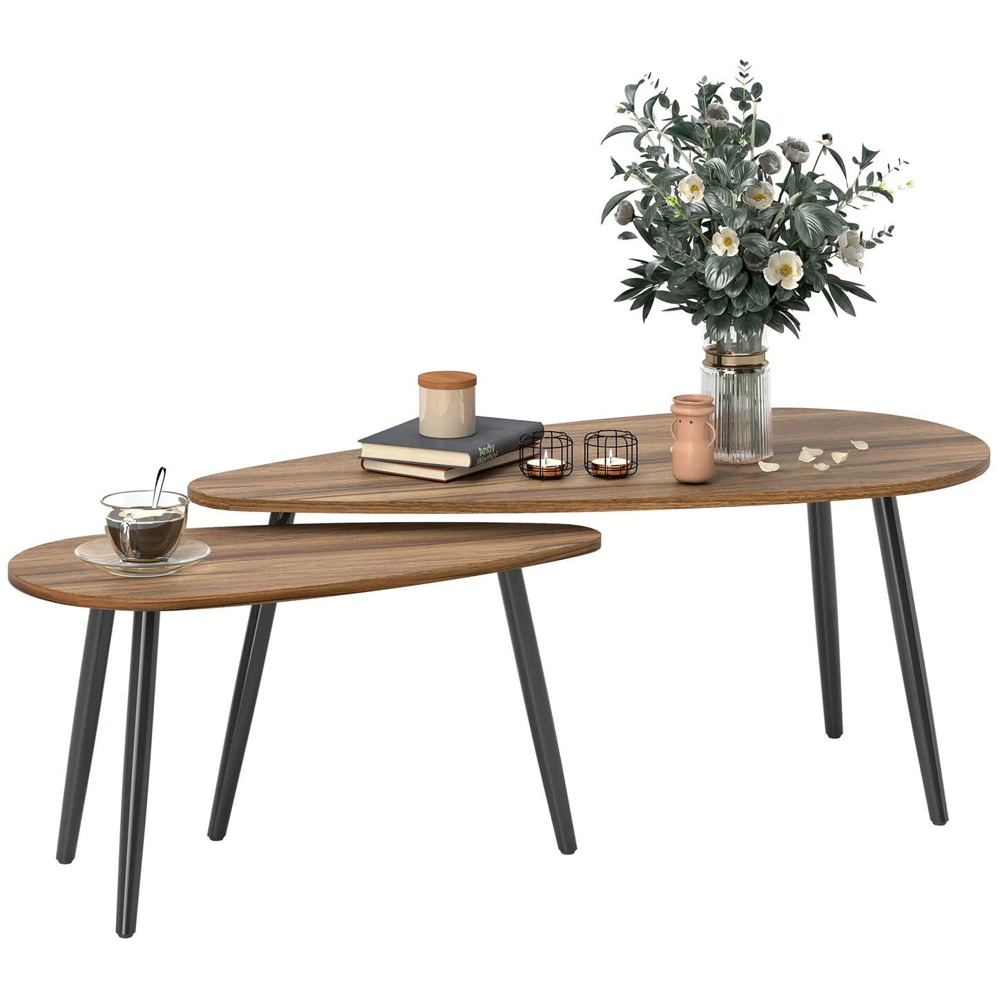 2 Pieces Coffee Table Set for Living Room, Industrial Nest of Tables with Steel Legs, Brown