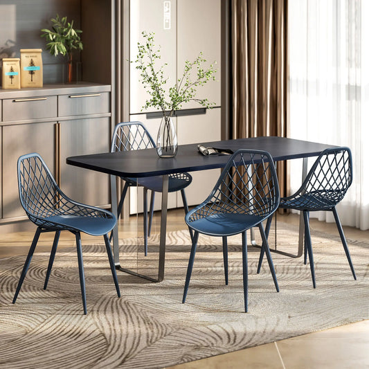 SET OF 4 Plastic Kitchen Chairs with Hollow Backrest and Metal Legs for Dining Room, Blue
