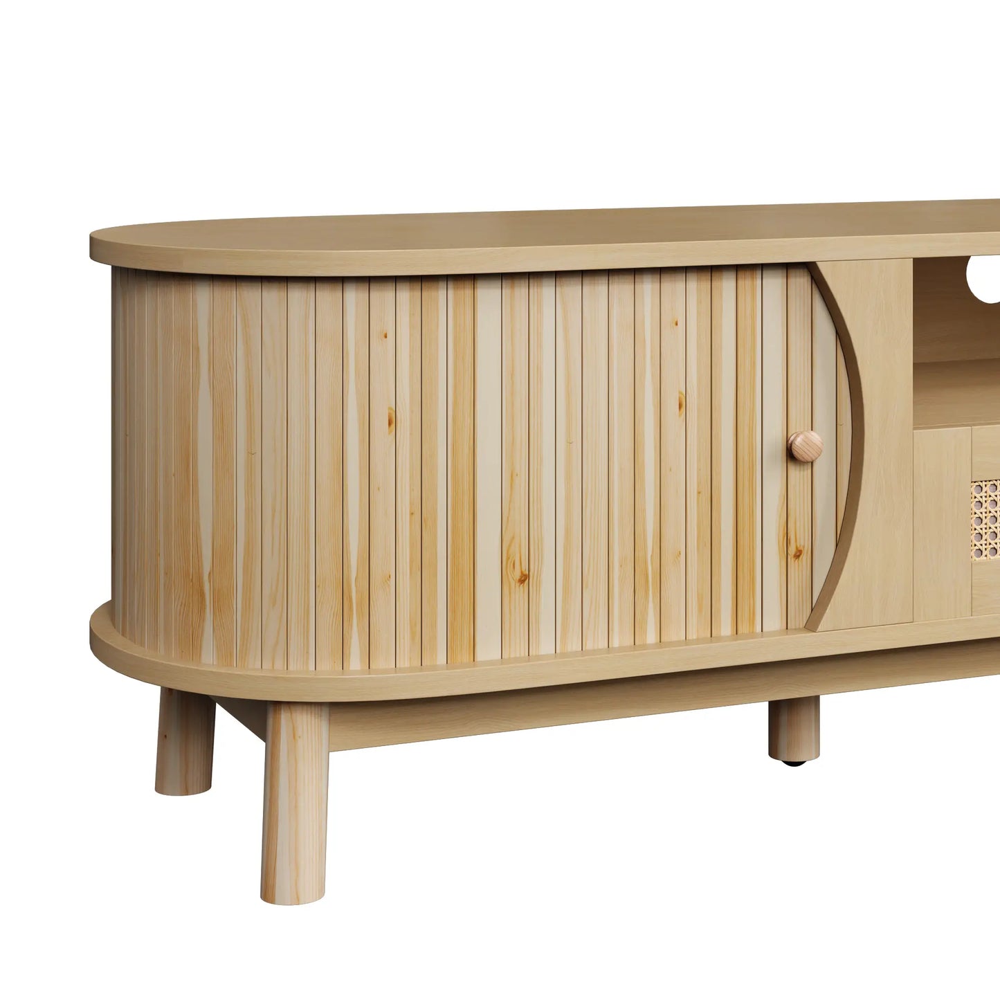 Rattan TV Stand with Solid Wood Doors and Drawers, Easy Installation, 65" L x 14.5" W x 18" H, Natural