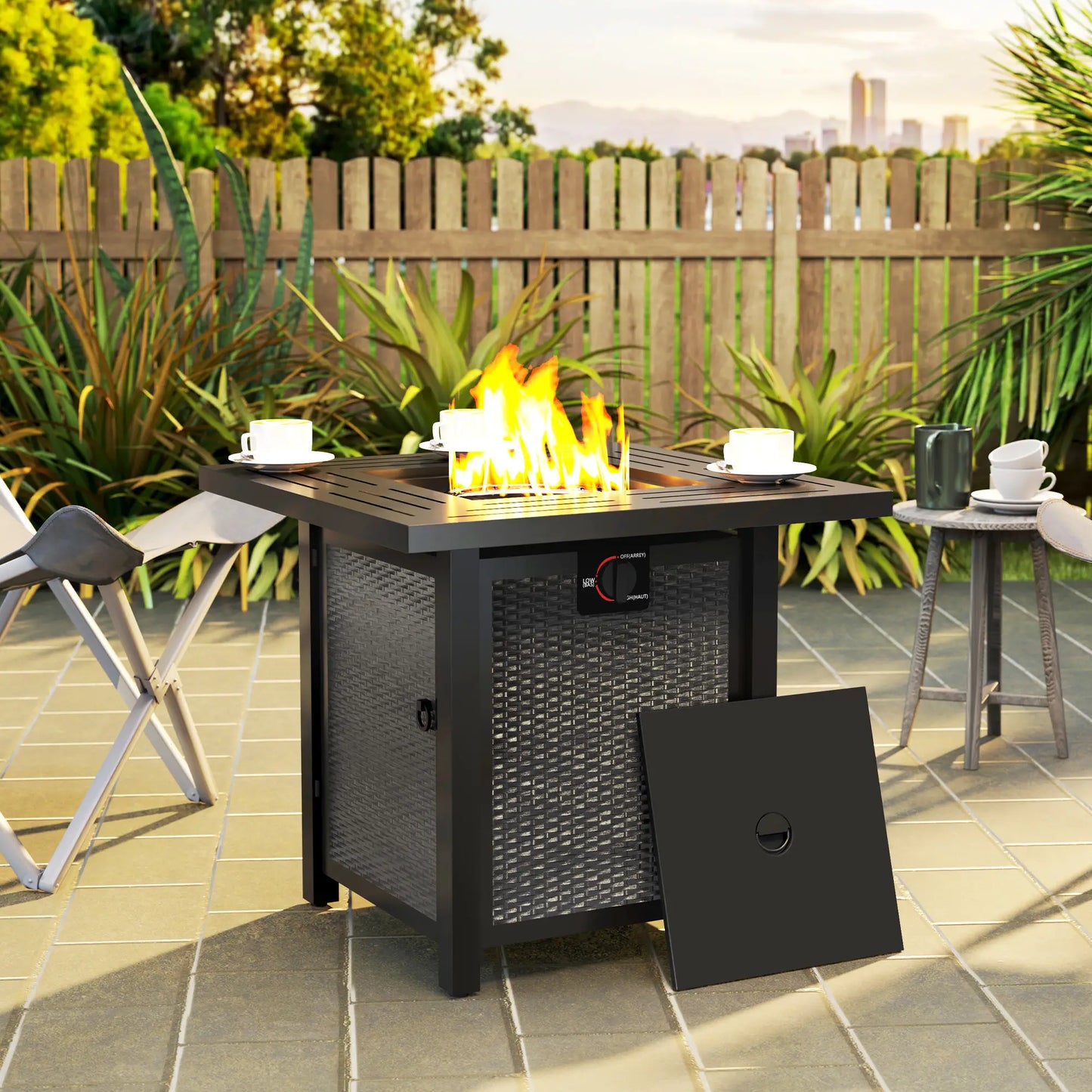 Outsunny Square Gas Fire Pit Table, Smokeless Firepit with Cover, Black