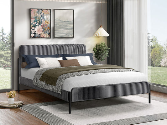 Channel-tufted headboard in soft grey corduroy with a textured finish. Platform base, built-in support, and black steel legs for a sleek minimalist look. QUEEN OR DOUBLE