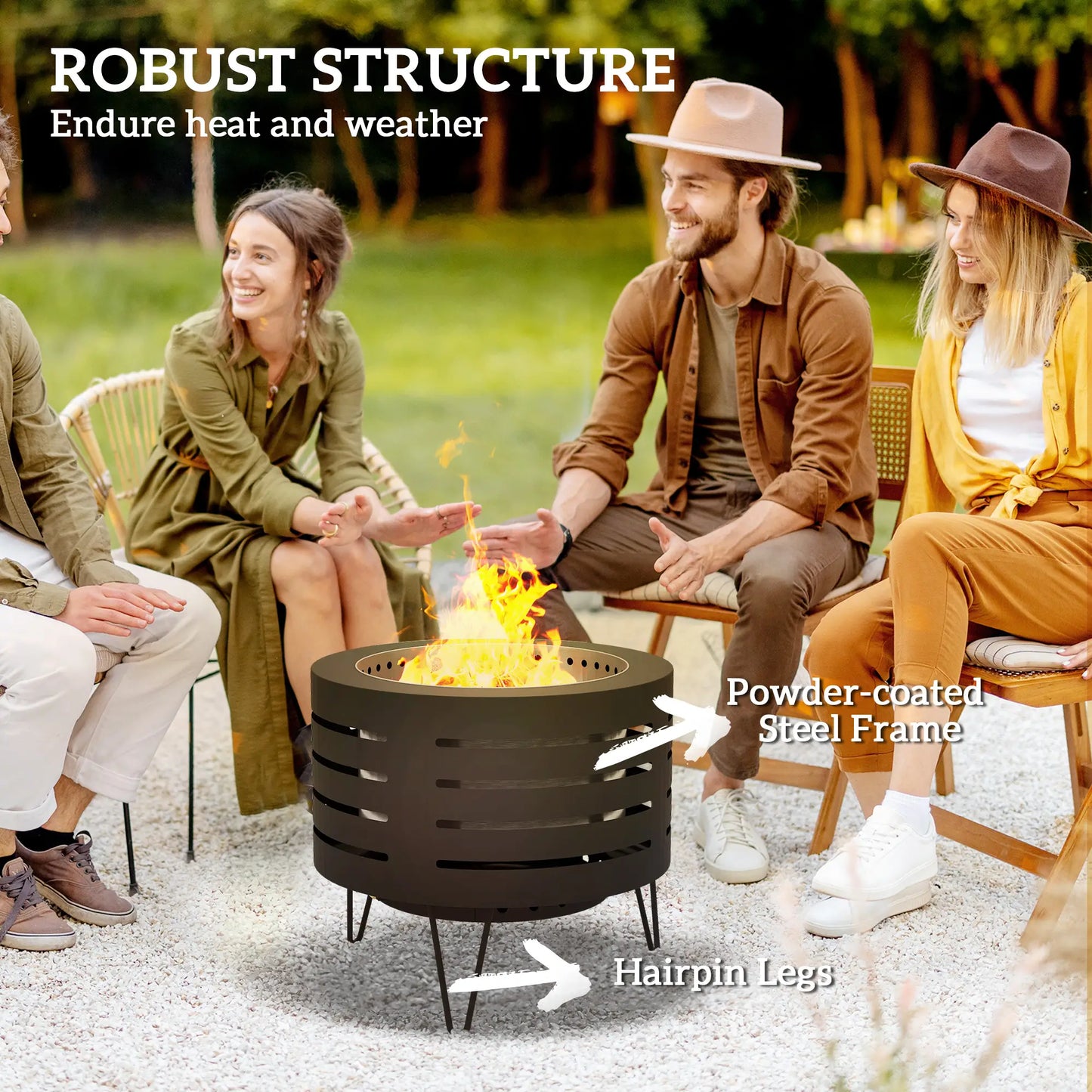 Round Fire Pit with Fire Poker, Portable Wood Burning Firepit with Ash Tray and Hairpin Legs, Outdoor Fireplace, Black