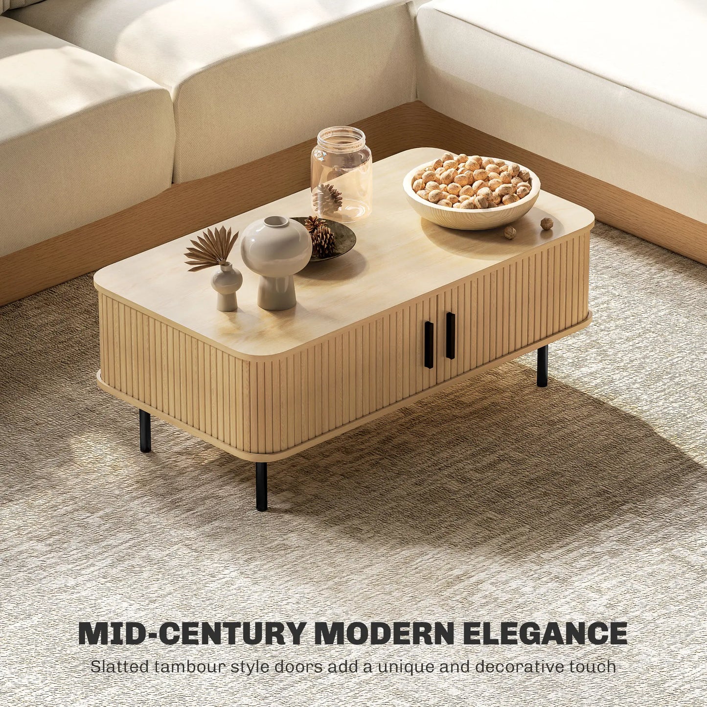Coffee Table with Storage, Nordic Side Table with Slatted Tambour Sliding Doors and Steel Legs for Living Room, Oak