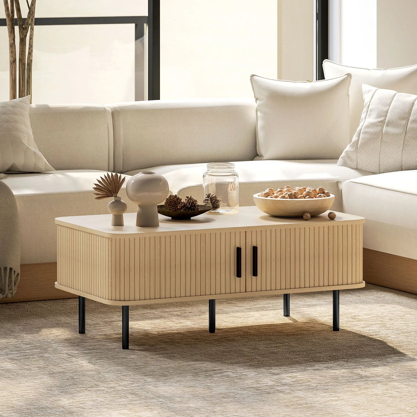 Coffee Table with Storage, Nordic Side Table with Slatted Tambour Sliding Doors and Steel Legs for Living Room, Oak