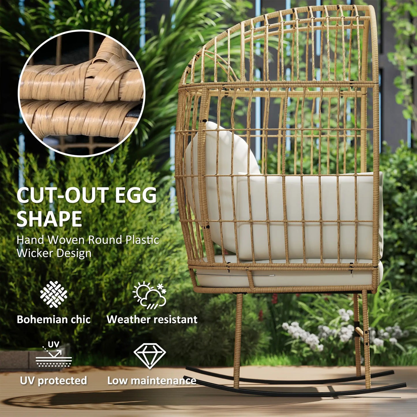Outsunny Indoor Outdoor Egg Chair w/ Thickened Cushions, Wicker Patio Lounger for Porch, Balcony, Beige