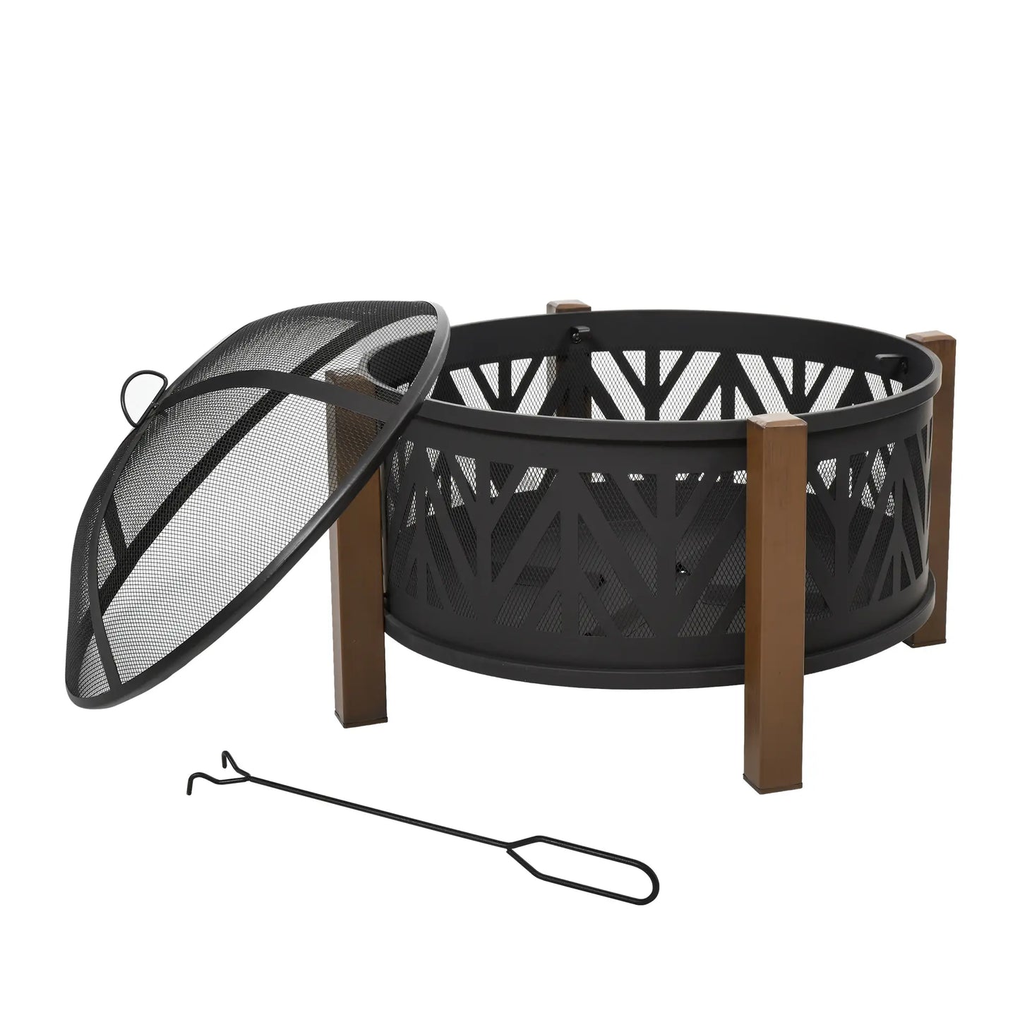 31" Outdoor Fire pit, 2-in-1 Wood Burning Fire Pit Brazier with Lid, BBQ Grill, Poker for Backyard, Camping, Black