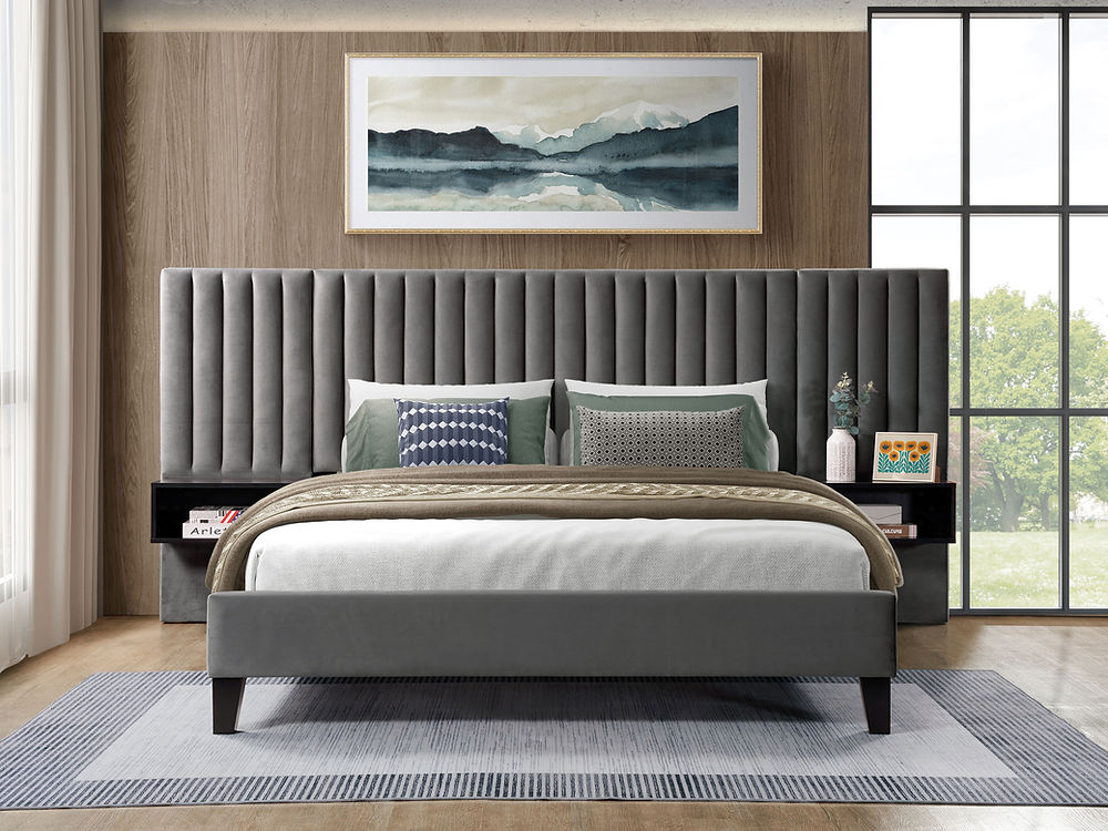Modern Style Velvet Bed with 2 Floating Wooden Night Stands, in Grey