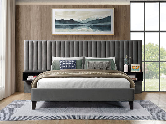 Modern Style Velvet Bed with 2 Floating Wooden Night Stands, in Grey