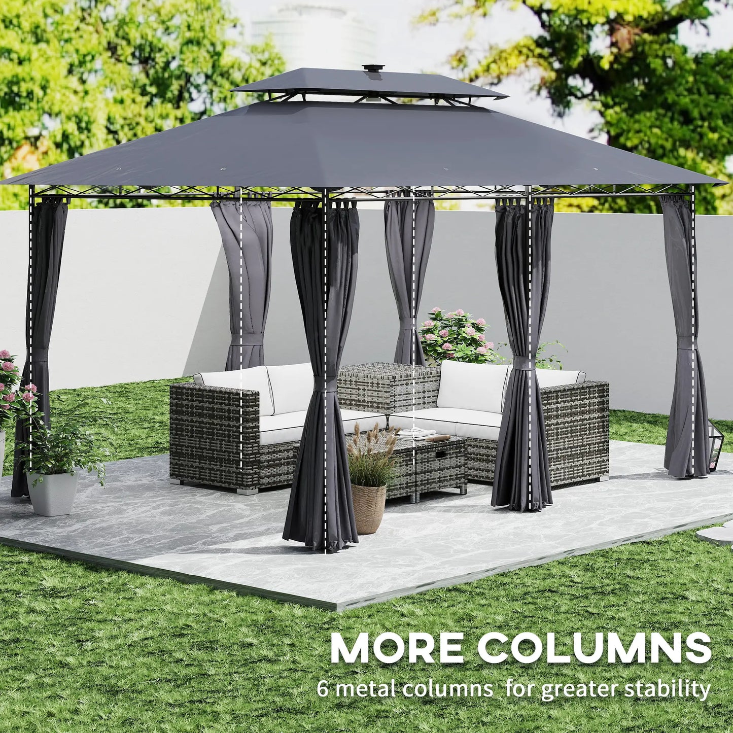 10' x 13' Outdoor Gazebo with Curtains and Solar-Powered LED Lights, Double Roof Patio Gazebo Canopy Shelter