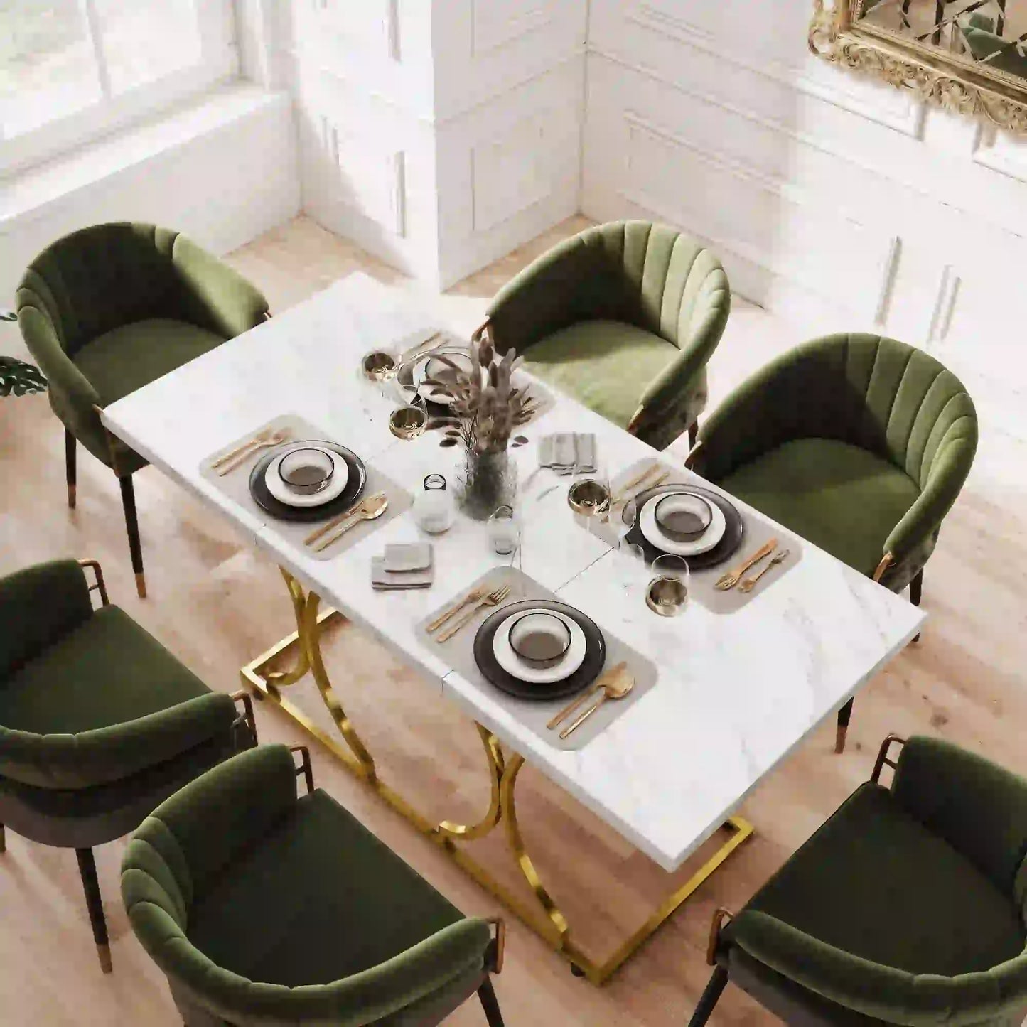 59-Inch, 6 Person, Modern Marble-Pattern Kitchen Dinner Table with Metal Pedestal White