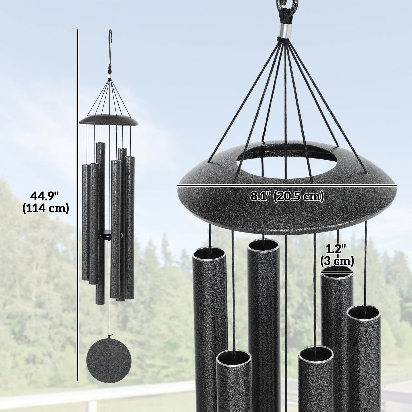 45" Wind Chimes Outdoor Deep Tone Wind Chime with 6 Aluminum Tubes and Hook for Patio, Yard, Garden Decor, Dark Grey