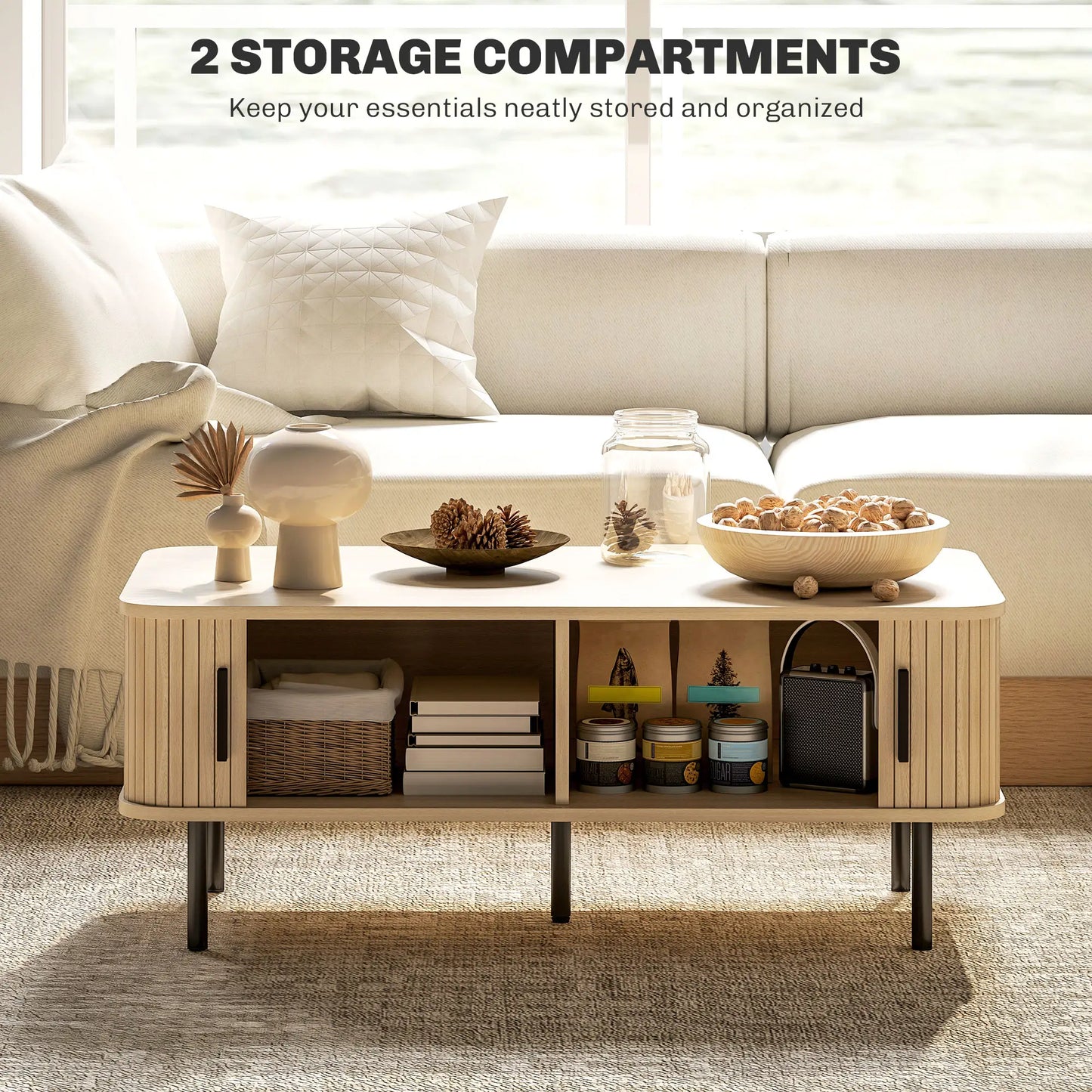 Coffee Table with Storage, Nordic Side Table with Slatted Tambour Sliding Doors and Steel Legs for Living Room, Oak