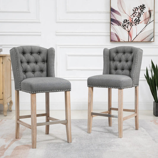 SET OF 2 Counter Height Bar Stools, Upholstered with Nailhead Backrest and Footrest, Grey