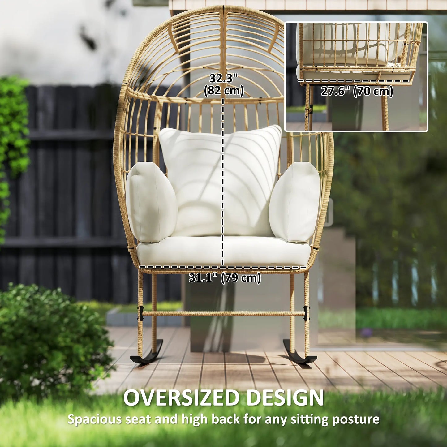 Outsunny Indoor Outdoor Egg Chair w/ Thickened Cushions, Wicker Patio Lounger for Porch, Balcony, Beige