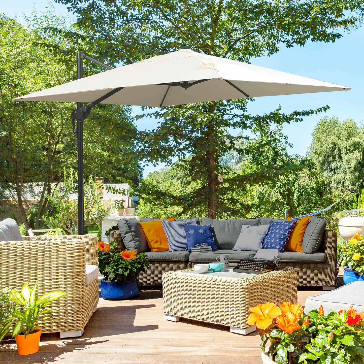 Outsunny 8'x8' Square Patio Hanging Offset Umbrella, Outdoor Cantilever Parasol w/ Cross Base, Cream White