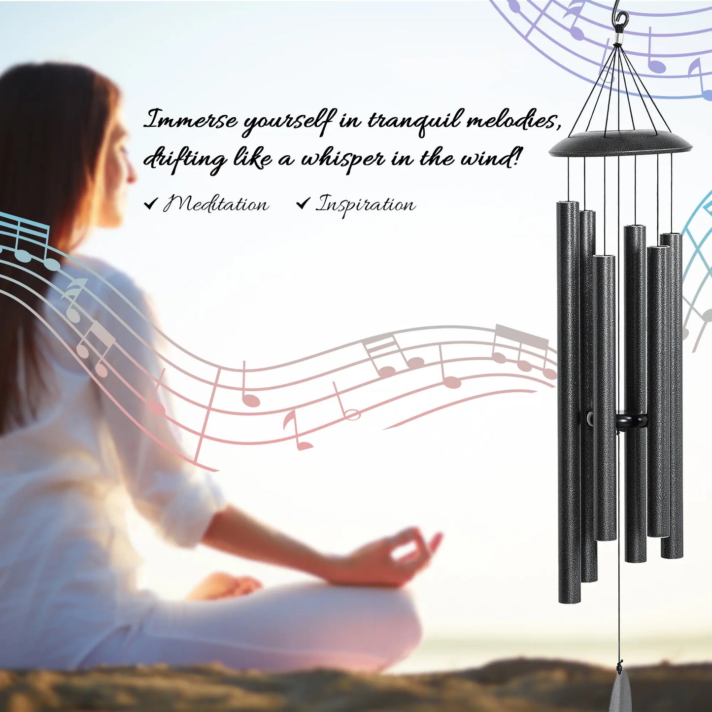 45" Wind Chimes Outdoor Deep Tone Wind Chime with 6 Aluminum Tubes and Hook for Patio, Yard, Garden Decor, Dark Grey