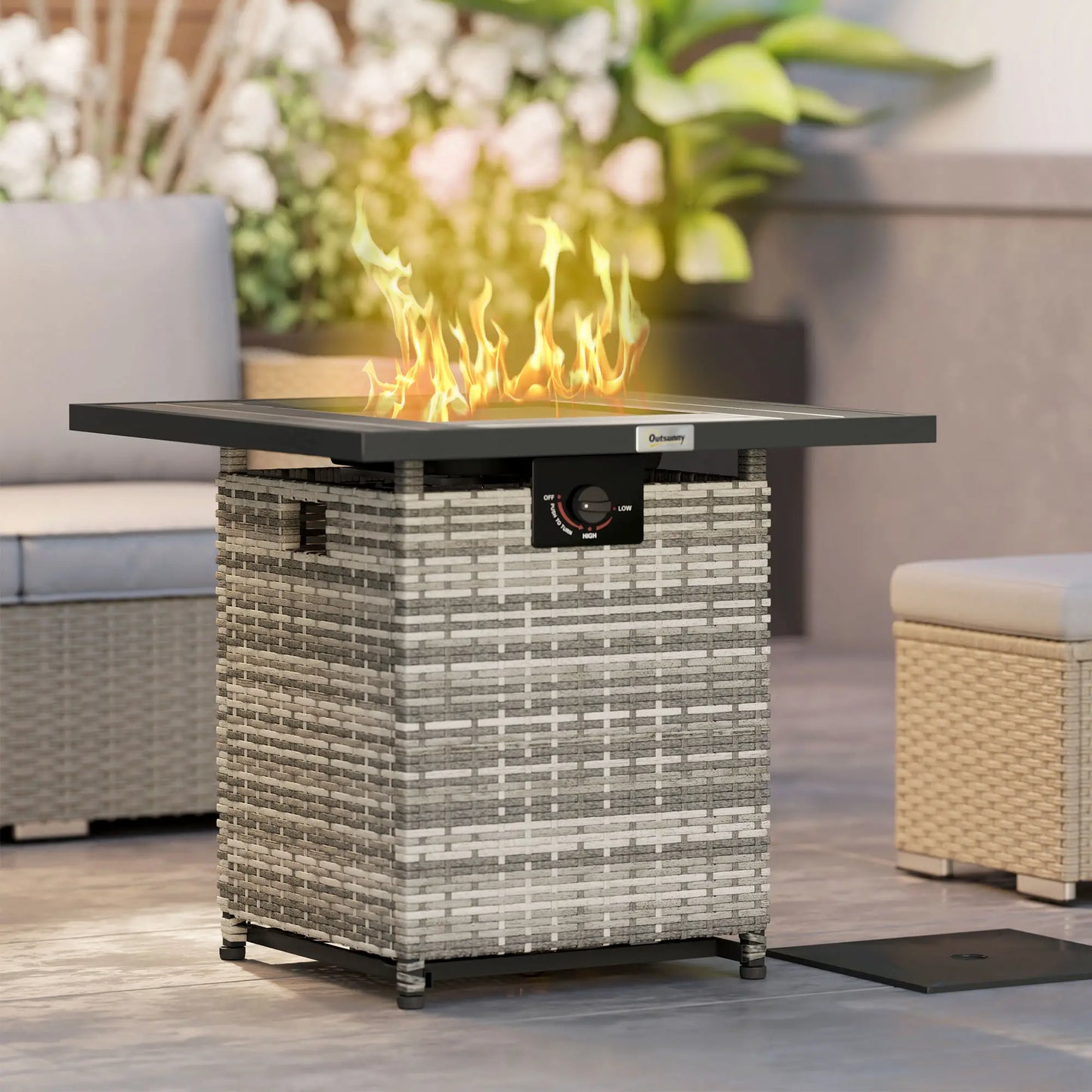 28 Inch Propane Fire Pit Table, 40,000 BTU Rattan Gas Fire Pit Table with Rain Cover, Mesh Lid, Lava Stone, Mixed Grey