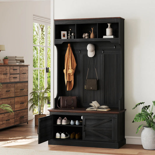 3-in-1 Hall Tree with Bench, Coat Rack with Shoe Storage, Distressed Black