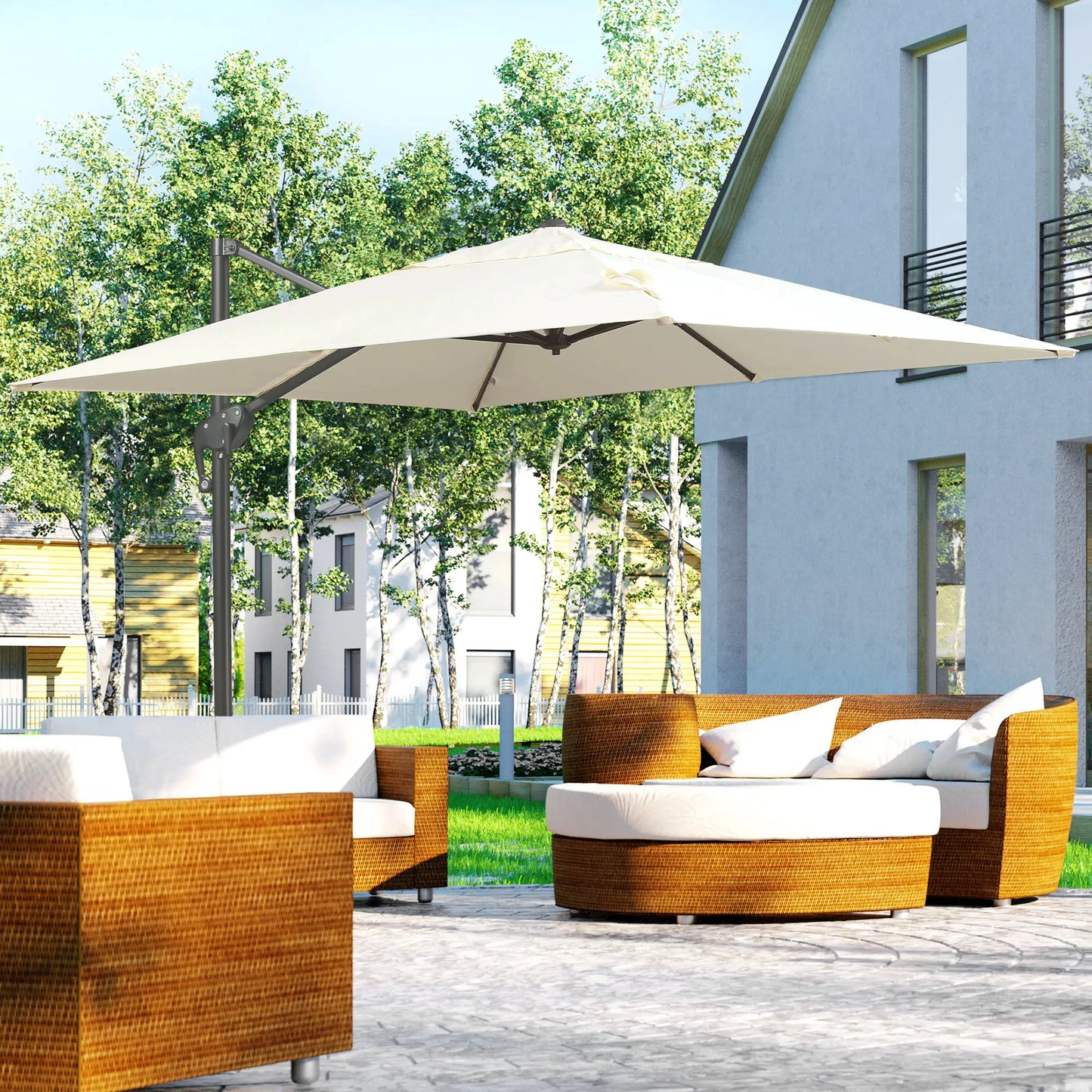 Outsunny 8'x8' Square Patio Hanging Offset Umbrella, Outdoor Cantilever Parasol w/ Cross Base, Cream White