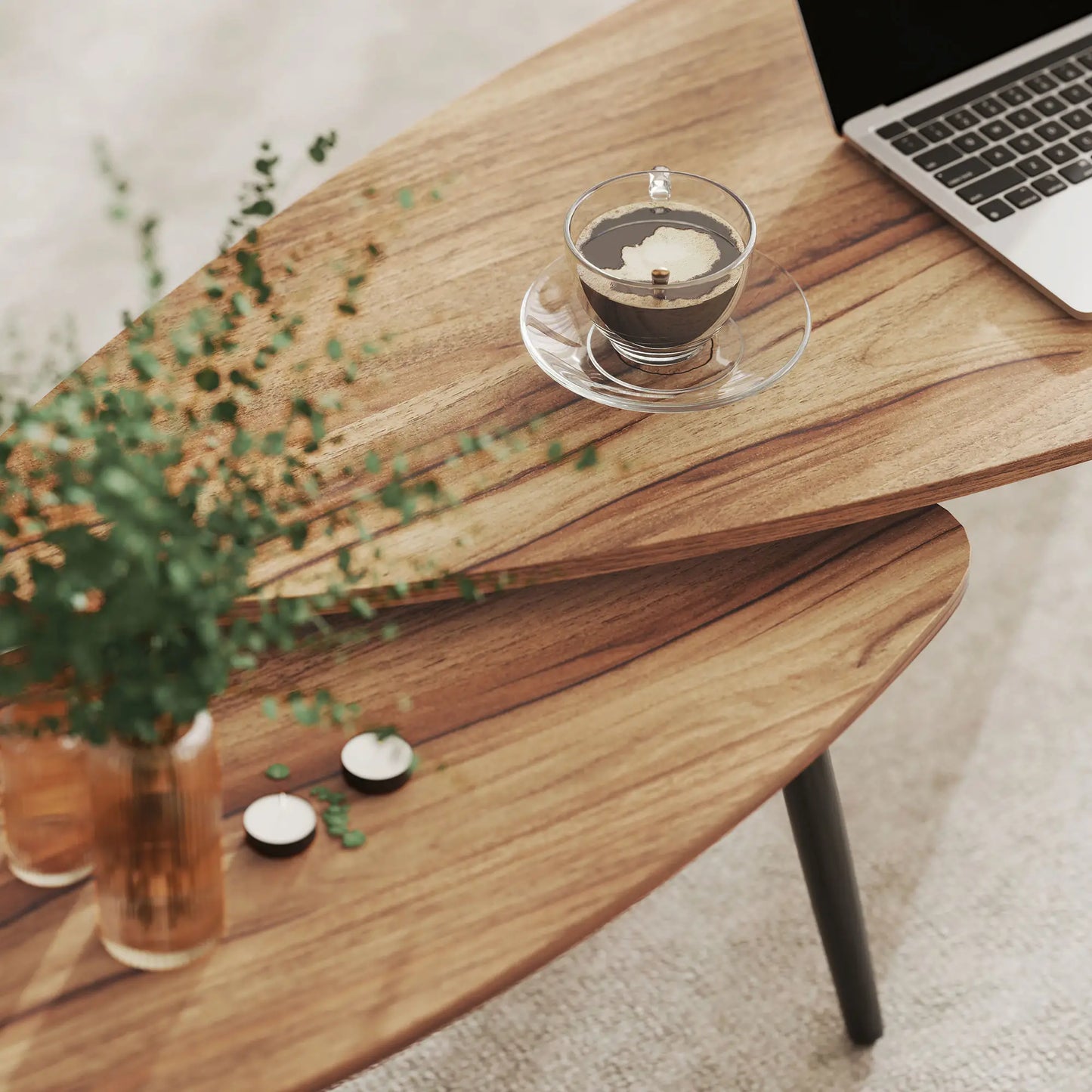 2 Pieces Coffee Table Set for Living Room, Industrial Nest of Tables with Steel Legs, Brown