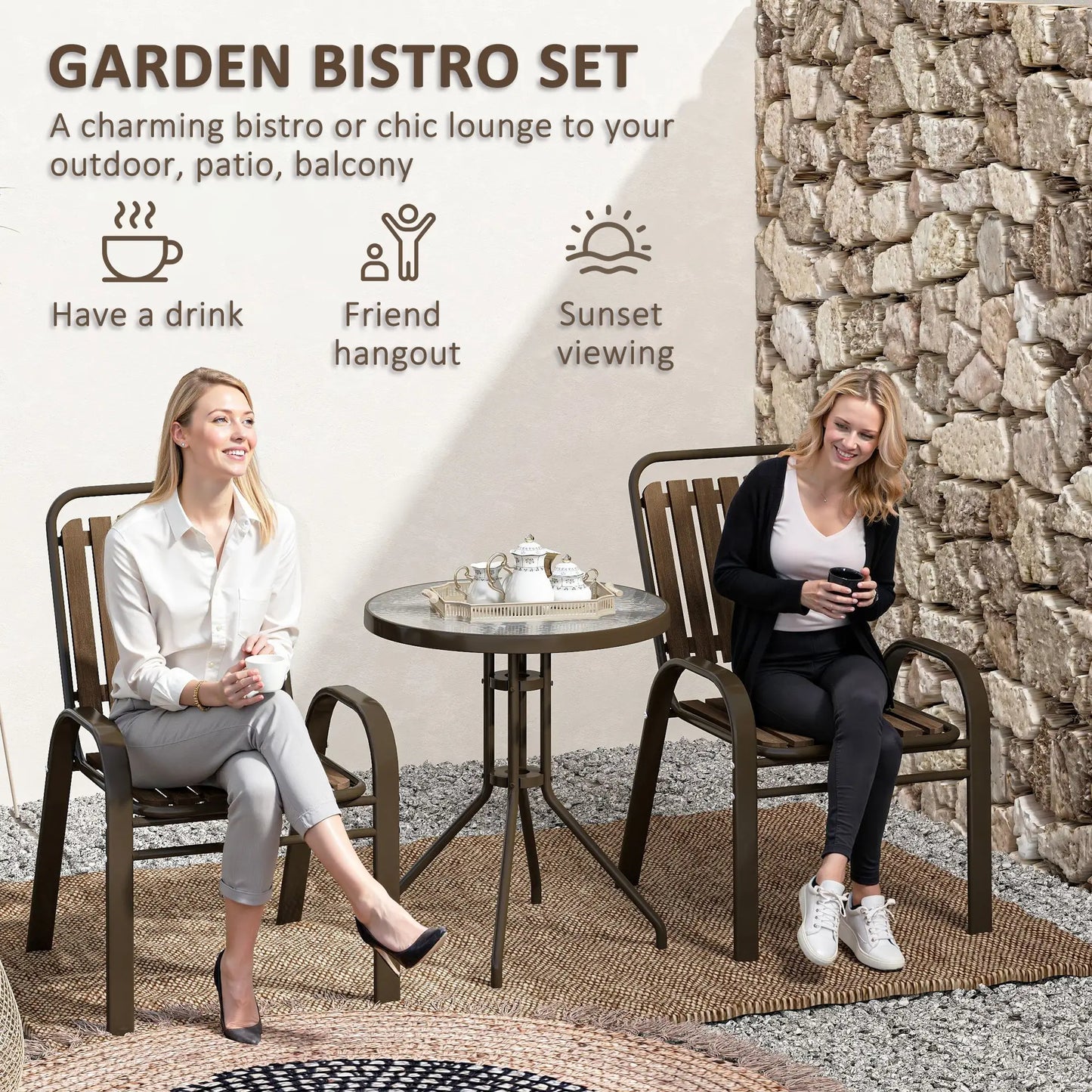 3 Pieces Patio Bistro Set, 2 Stackable Chairs with Tempered Glass Table, for Outdoor, Garden Backyard Porch, Dark Brown