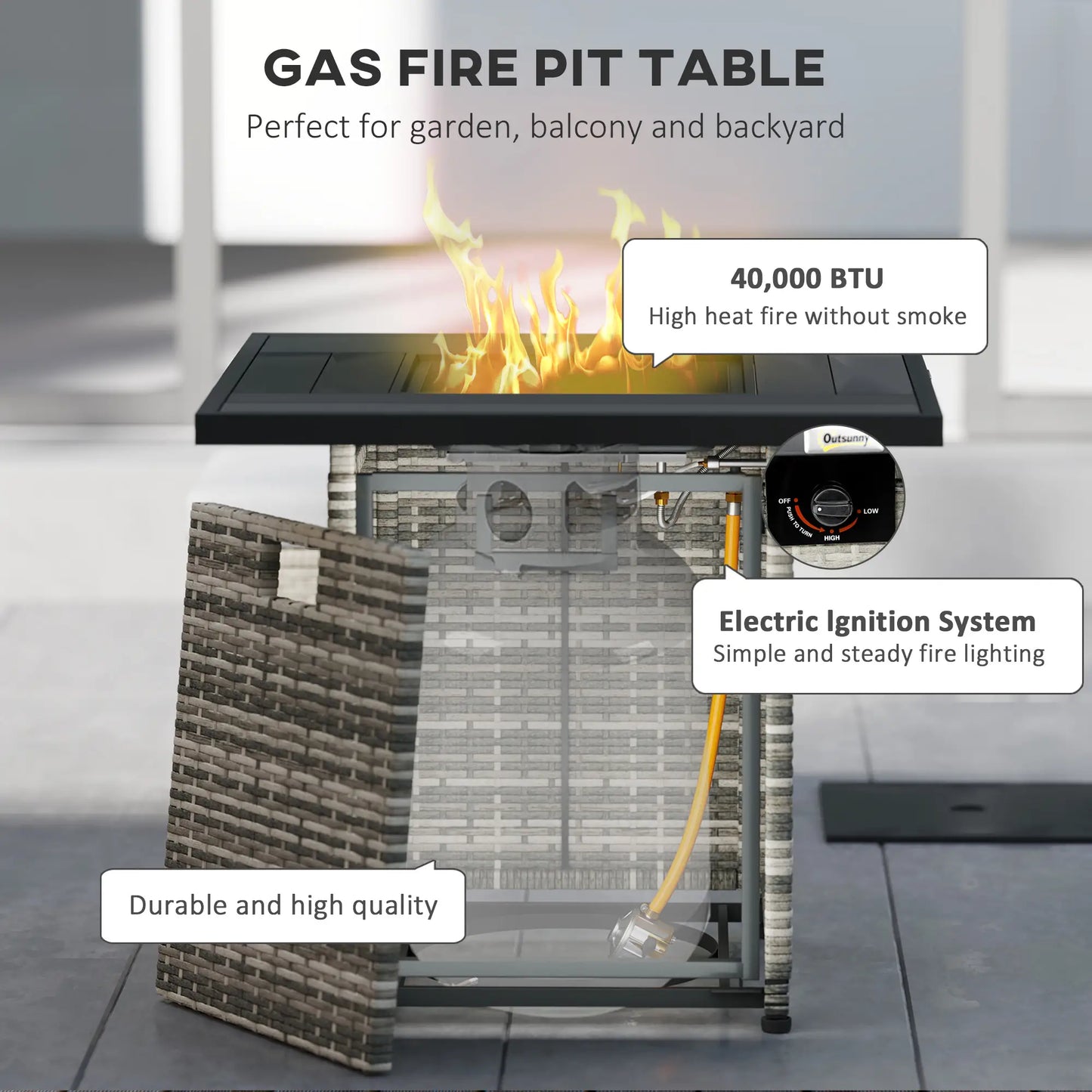 28 Inch Propane Fire Pit Table, 40,000 BTU Rattan Gas Fire Pit Table with Rain Cover, Mesh Lid, Lava Stone, Mixed Grey