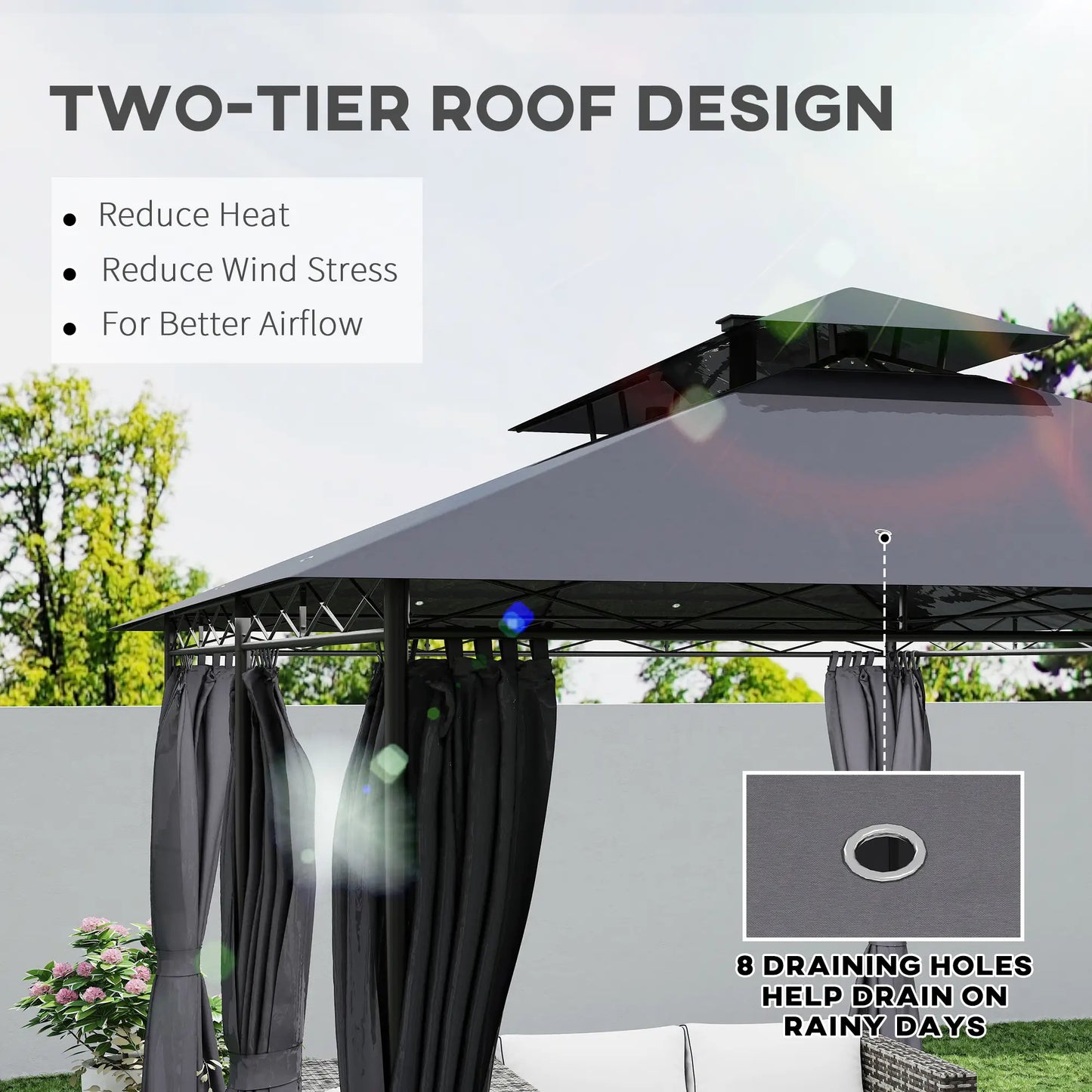 10' x 13' Outdoor Gazebo with Curtains and Solar-Powered LED Lights, Double Roof Patio Gazebo Canopy Shelter