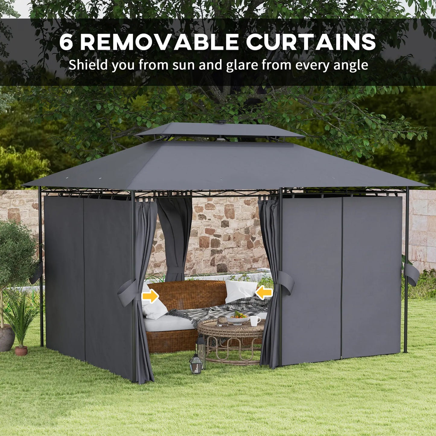 10' x 13' Outdoor Gazebo with Curtains and Solar-Powered LED Lights, Double Roof Patio Gazebo Canopy Shelter
