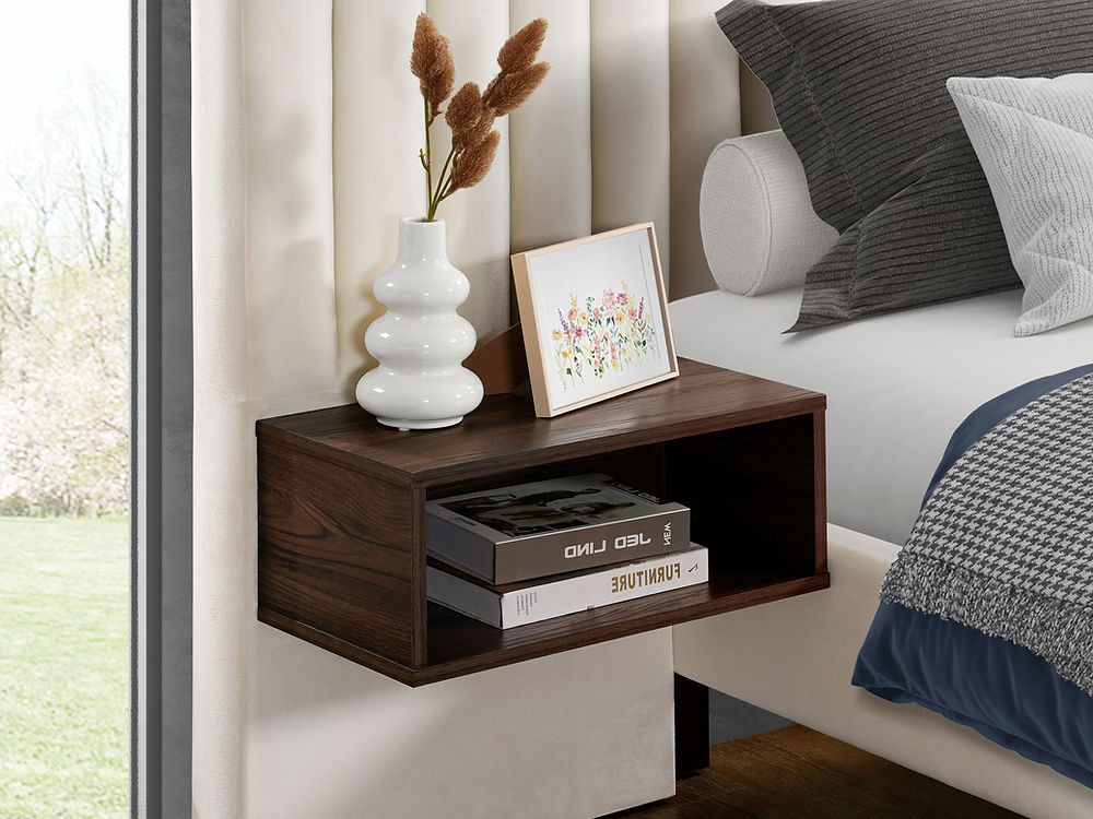 Modern Style Velvet Bed with 2 Floating Wooden Night Stands, in Beige