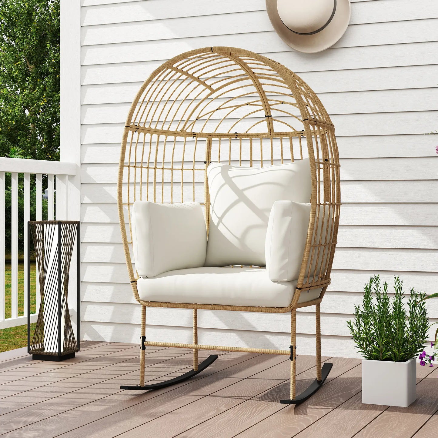Outsunny Indoor Outdoor Egg Chair w/ Thickened Cushions, Wicker Patio Lounger for Porch, Balcony, Beige