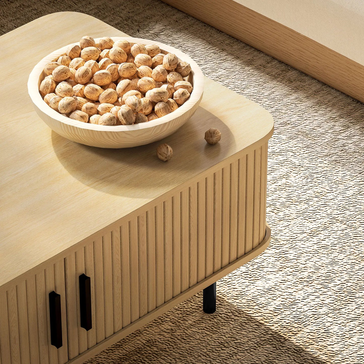 Coffee Table with Storage, Nordic Side Table with Slatted Tambour Sliding Doors and Steel Legs for Living Room, Oak