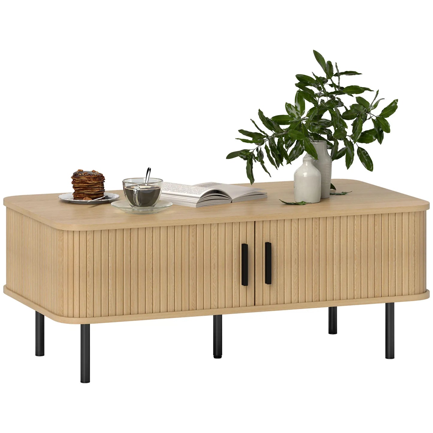 Coffee Table with Storage, Nordic Side Table with Slatted Tambour Sliding Doors and Steel Legs for Living Room, Oak