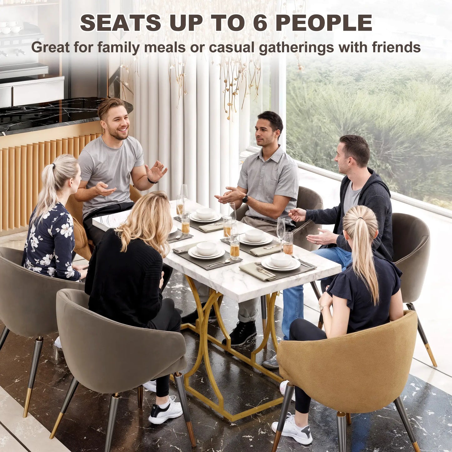 59-Inch, 6 Person, Modern Marble-Pattern Kitchen Dinner Table with Metal Pedestal White