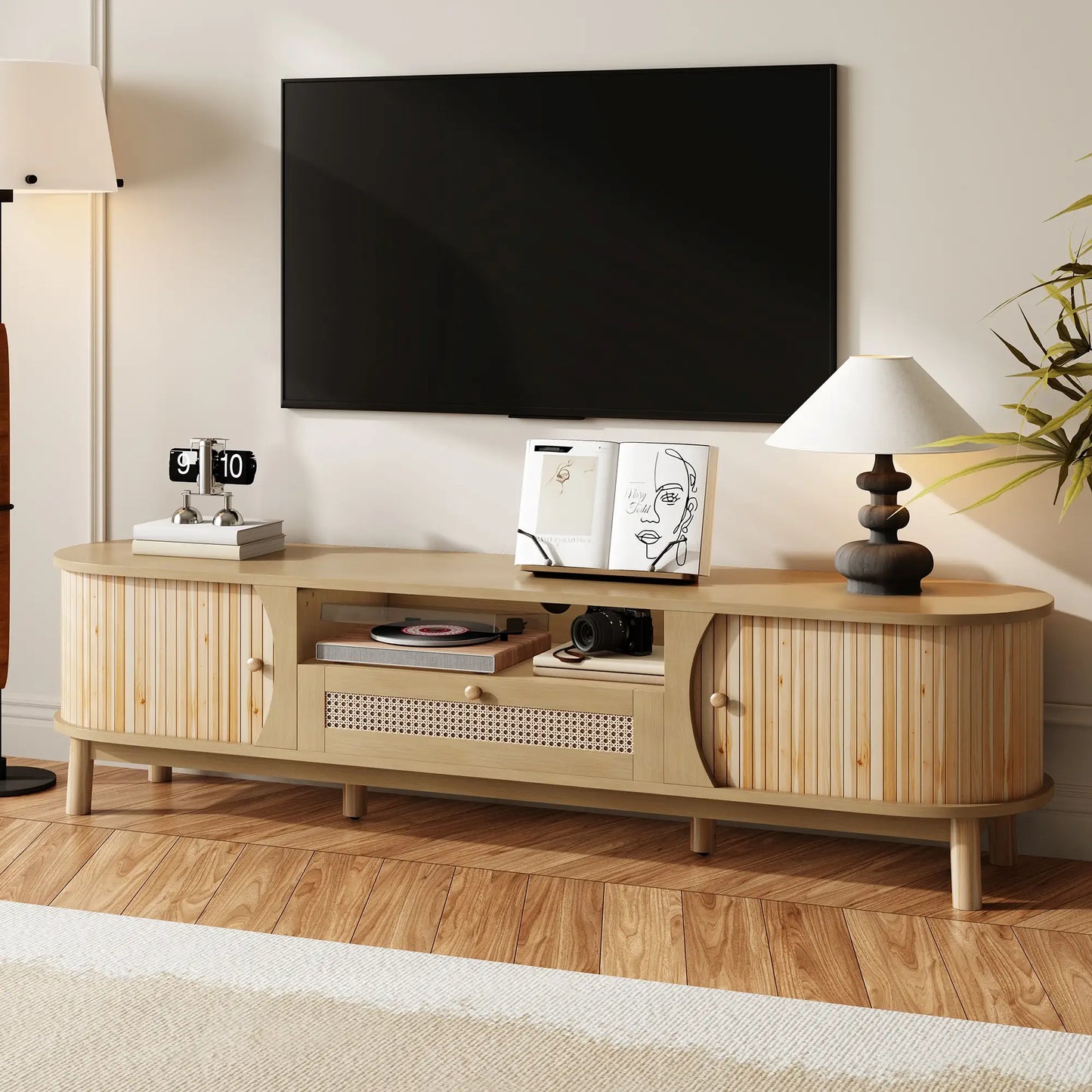 Rattan TV Stand with Solid Wood Doors and Drawers, Easy Installation, 65" L x 14.5" W x 18" H, Natural
