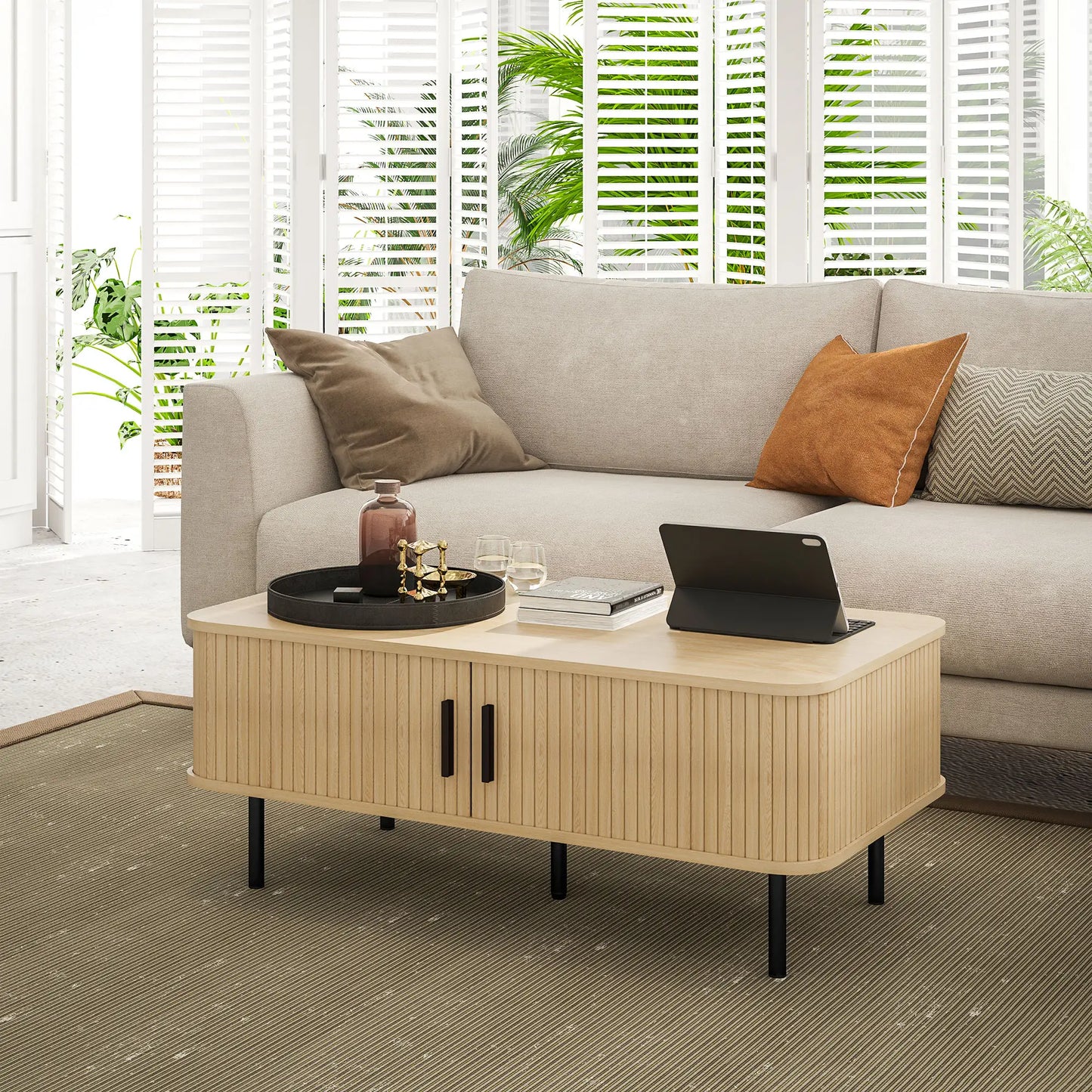 Coffee Table with Storage, Nordic Side Table with Slatted Tambour Sliding Doors and Steel Legs for Living Room, Oak