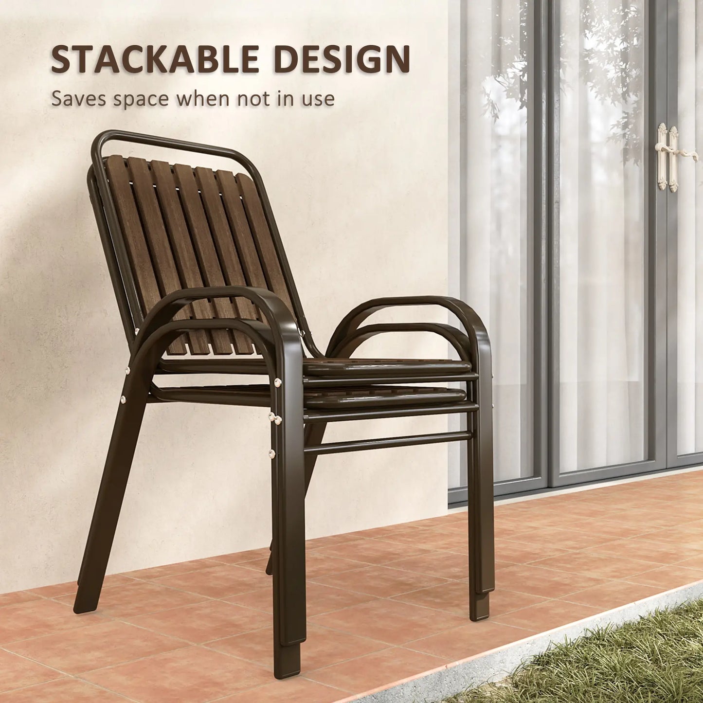 3 Pieces Patio Bistro Set, 2 Stackable Chairs with Tempered Glass Table, for Outdoor, Garden Backyard Porch, Dark Brown