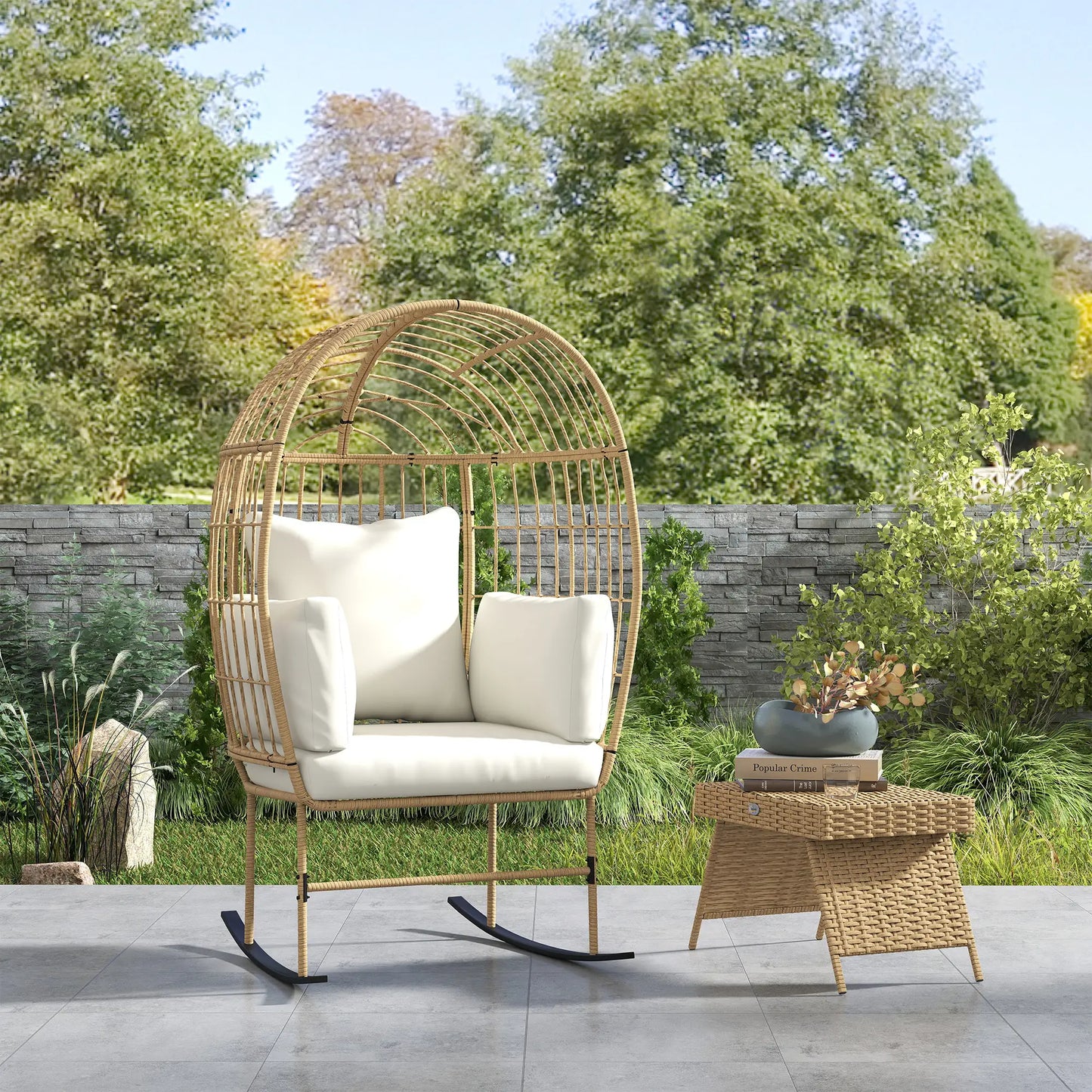 Outsunny Indoor Outdoor Egg Chair w/ Thickened Cushions, Wicker Patio Lounger for Porch, Balcony, Beige