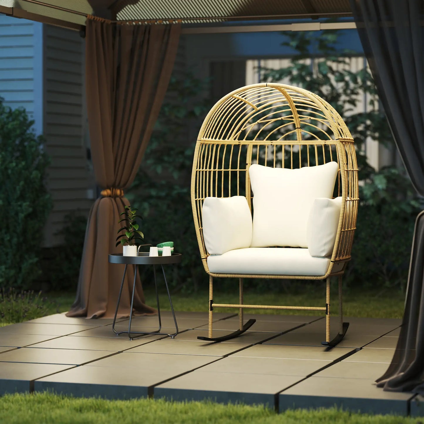 Outsunny Indoor Outdoor Egg Chair w/ Thickened Cushions, Wicker Patio Lounger for Porch, Balcony, Beige