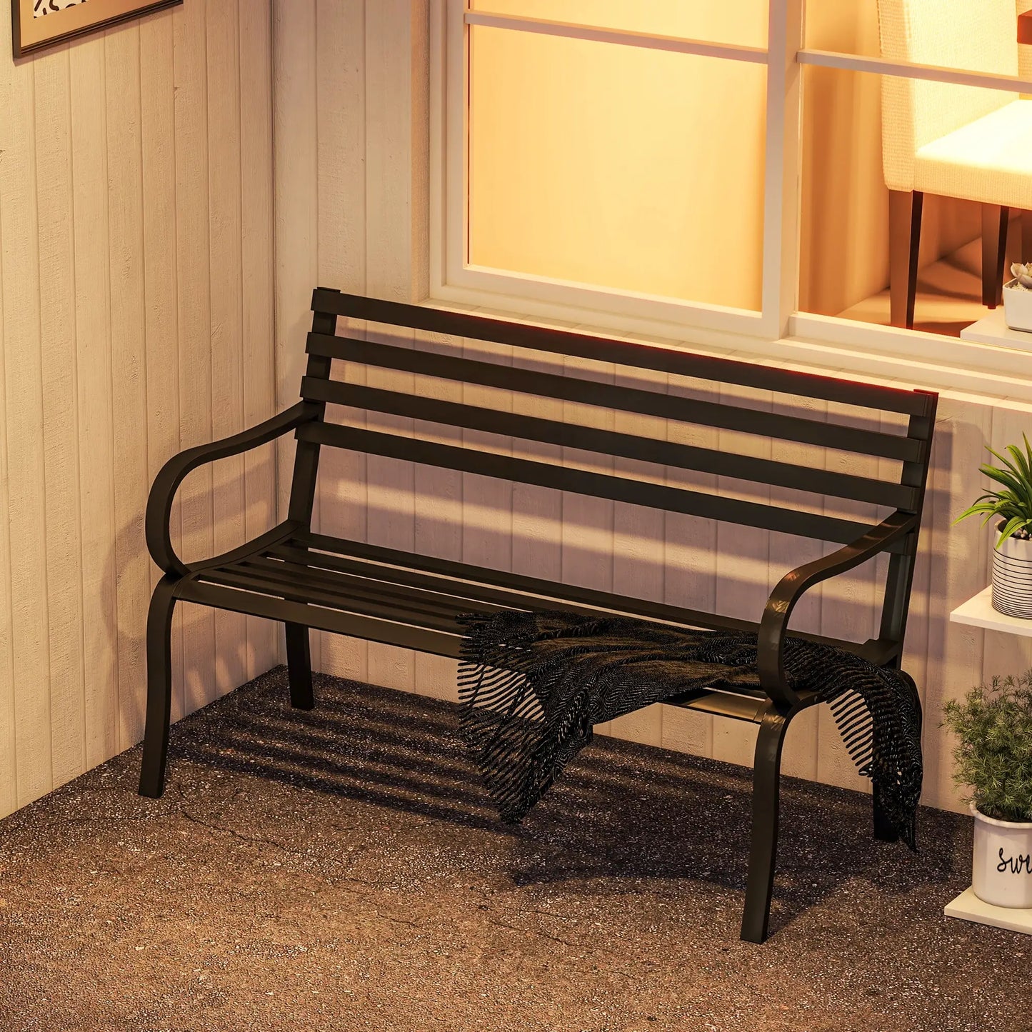2 Seater Garden Bench, Metal Outdoor Bench for Yard, Lawn, Porch, Black