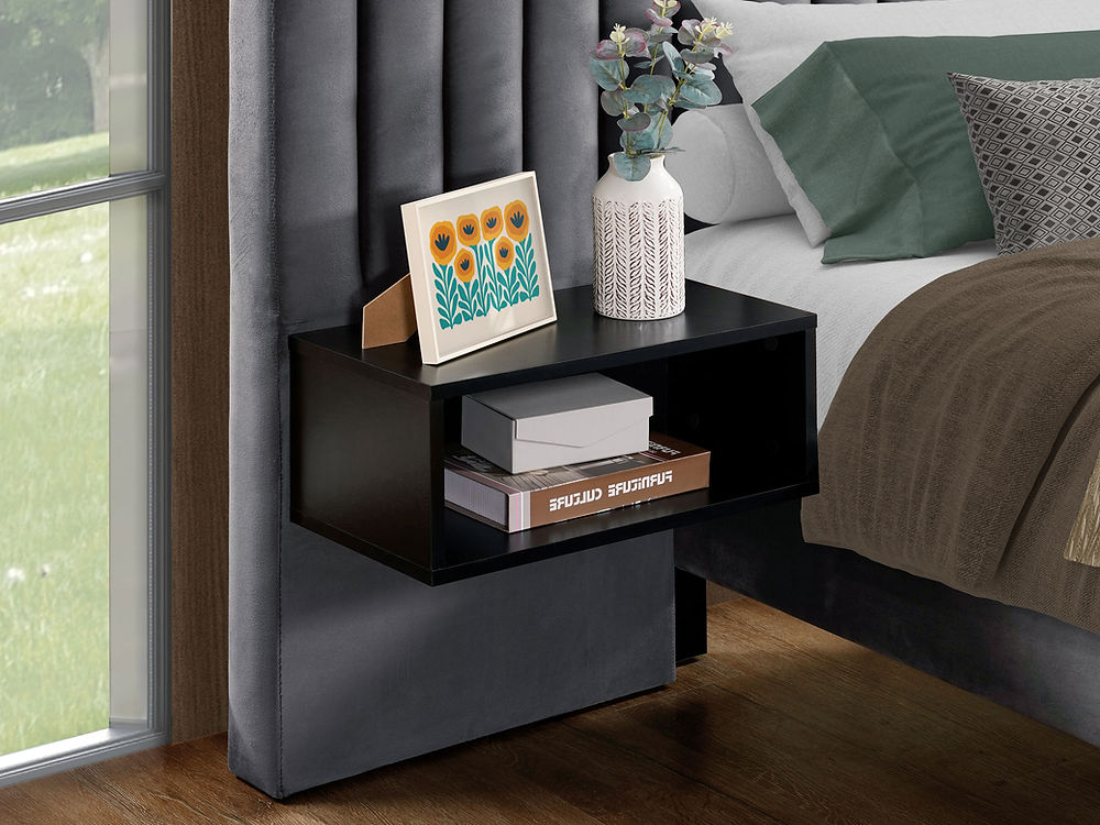 Modern Style Velvet Bed with 2 Floating Wooden Night Stands, in Grey