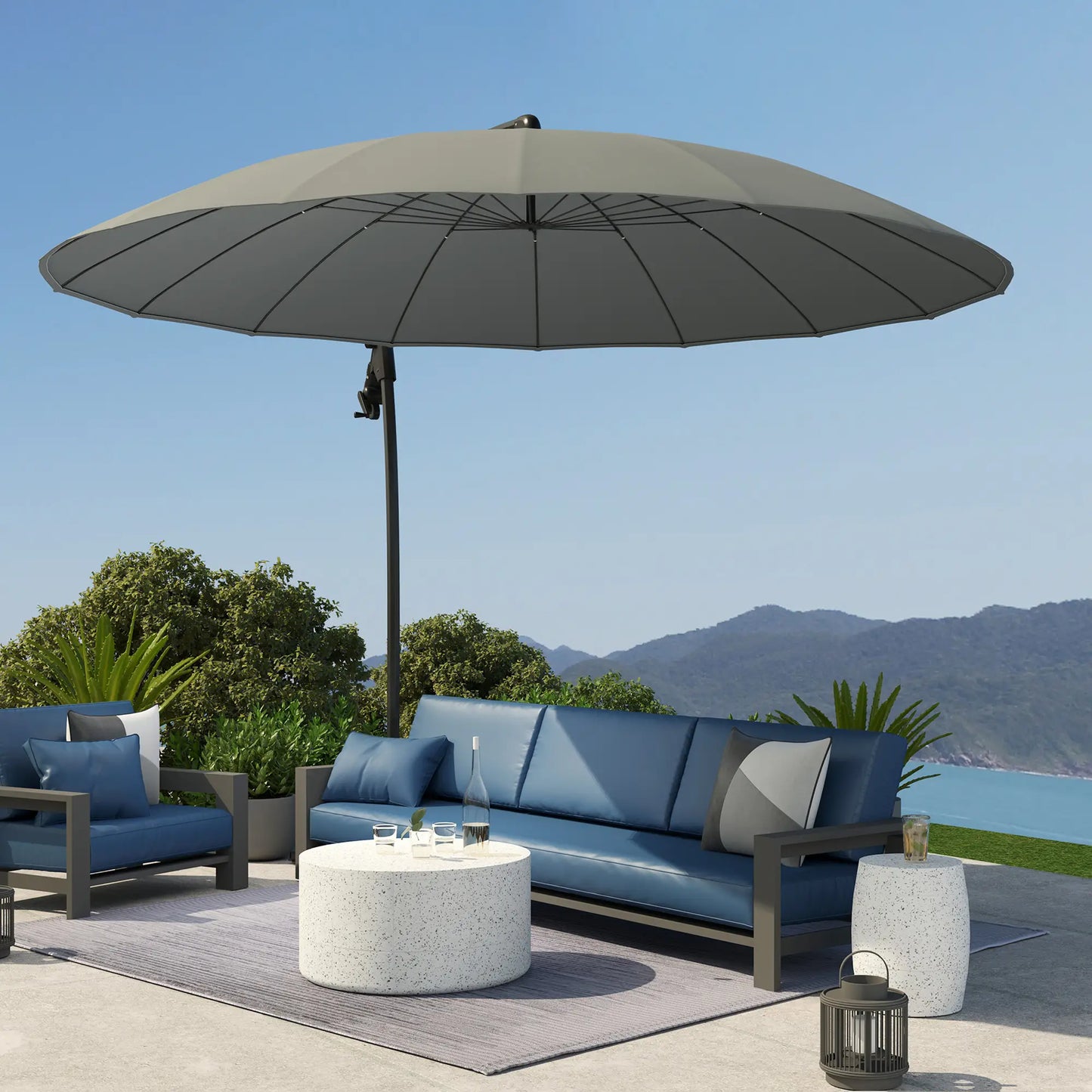 Outsunny 9FT Cantilever Umbrella with 16 Fibreglass Ribs, Offset Hanging Umbrella, Patio Umbrella with Crank and Cross Base, Grey