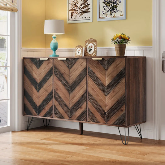 Modern Three-Door Sideboard with Adjustable Shelves, Easy Assembly, 47" L x 14" W x 29.5" H, Natural