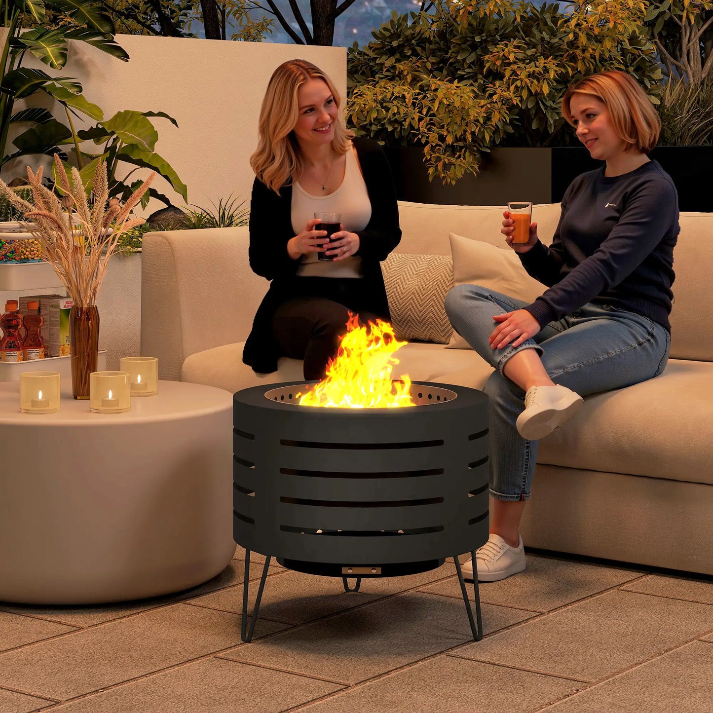 Round Fire Pit with Fire Poker, Portable Wood Burning Firepit with Ash Tray and Hairpin Legs, Outdoor Fireplace, Black