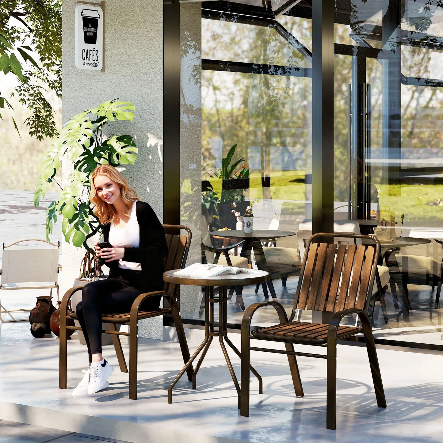 3 Pieces Patio Bistro Set, 2 Stackable Chairs with Tempered Glass Table, for Outdoor, Garden Backyard Porch, Dark Brown