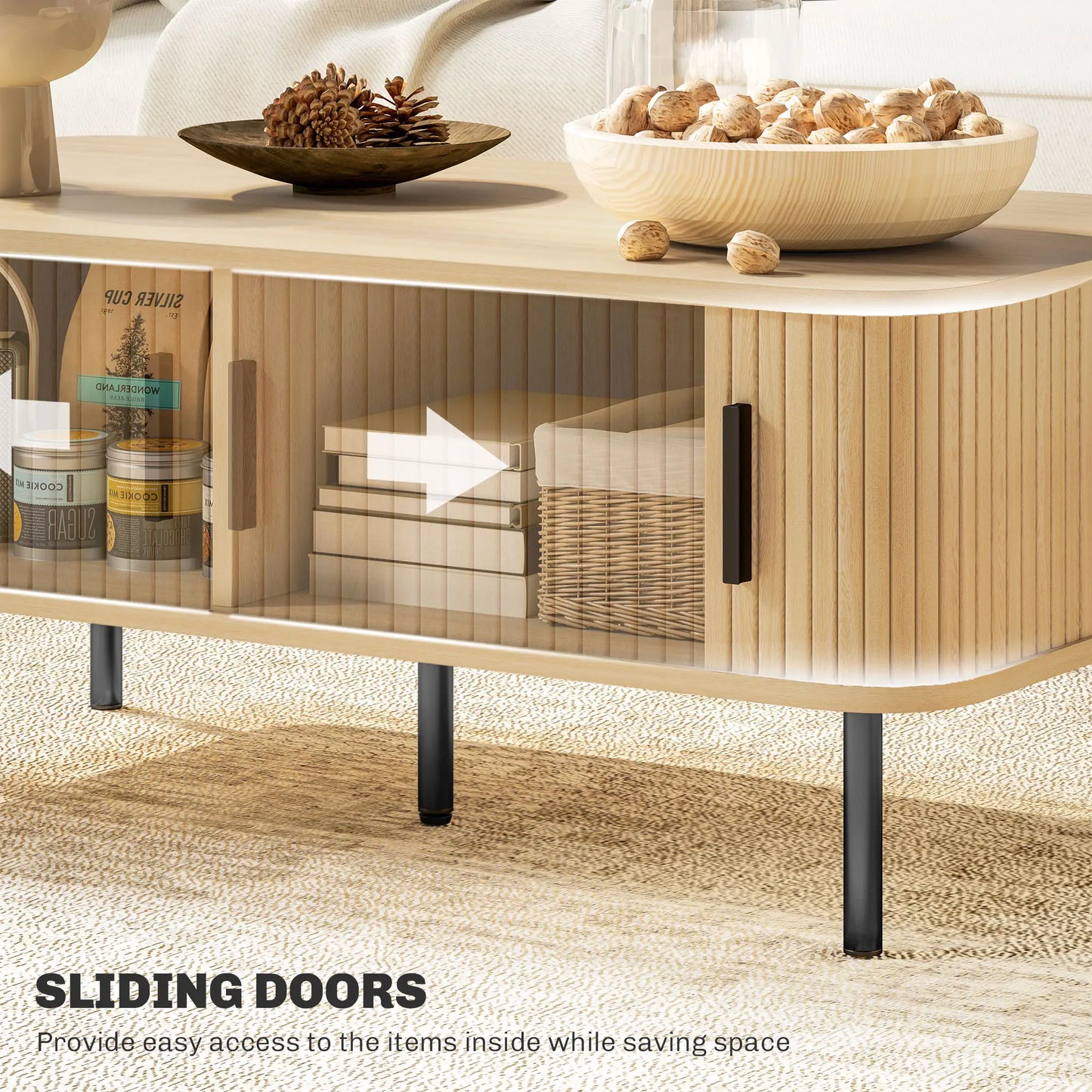 Coffee Table with Storage, Nordic Side Table with Slatted Tambour Sliding Doors and Steel Legs for Living Room, Oak