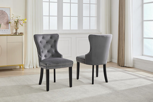 Soft Touch Grey Velvet Dining or Accent Chair,Set of 2 in Grey and dark espresso wooden legs