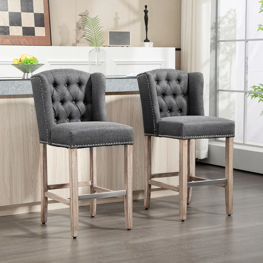 Counter Height Bar Stools Set of 2, Upholstered Bar Chairs with Nailhead Backrest and Footrest, Charcoal Grey