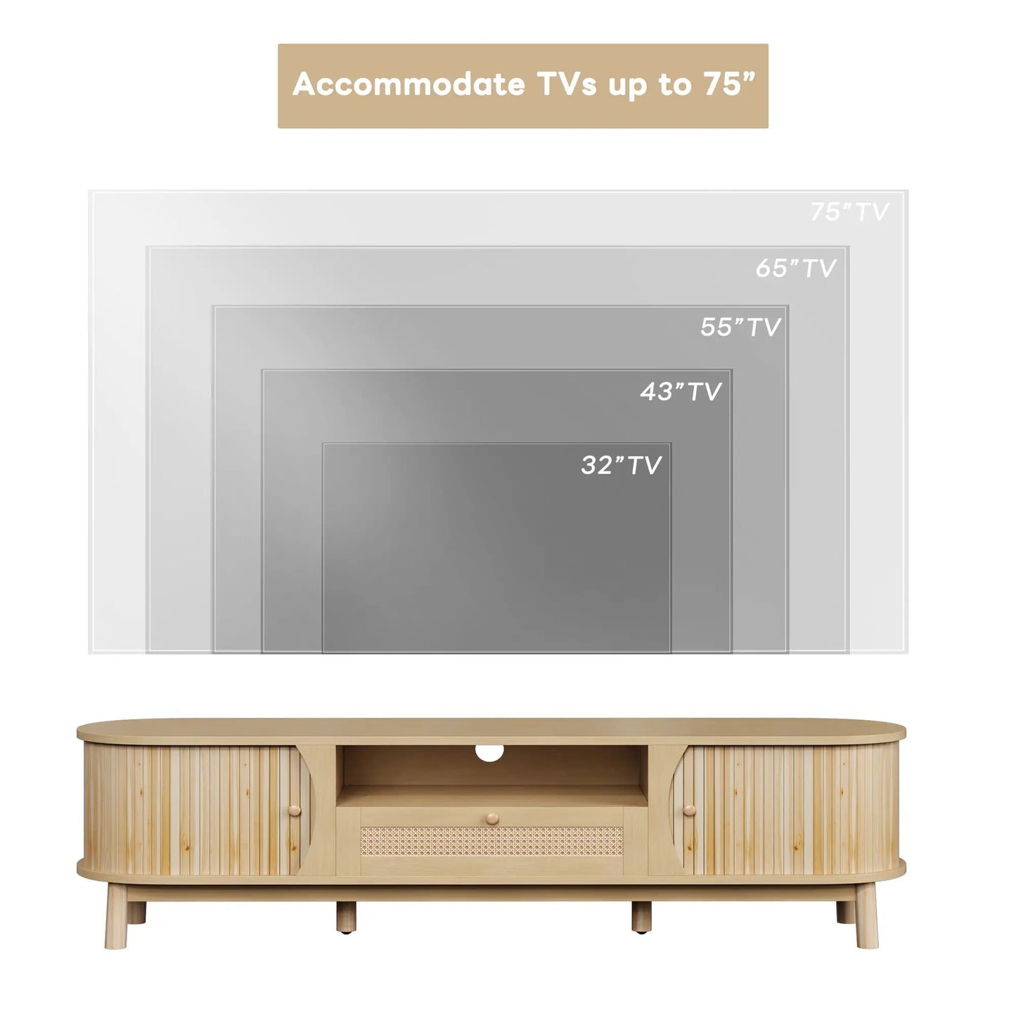 Rattan TV Stand with Solid Wood Doors and Drawers, Easy Installation, 65" L x 14.5" W x 18" H, Natural